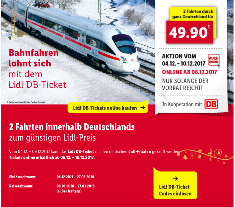 LIDL Bahntickets 2 Fahrten für 49,90€ *deutschlandweit*