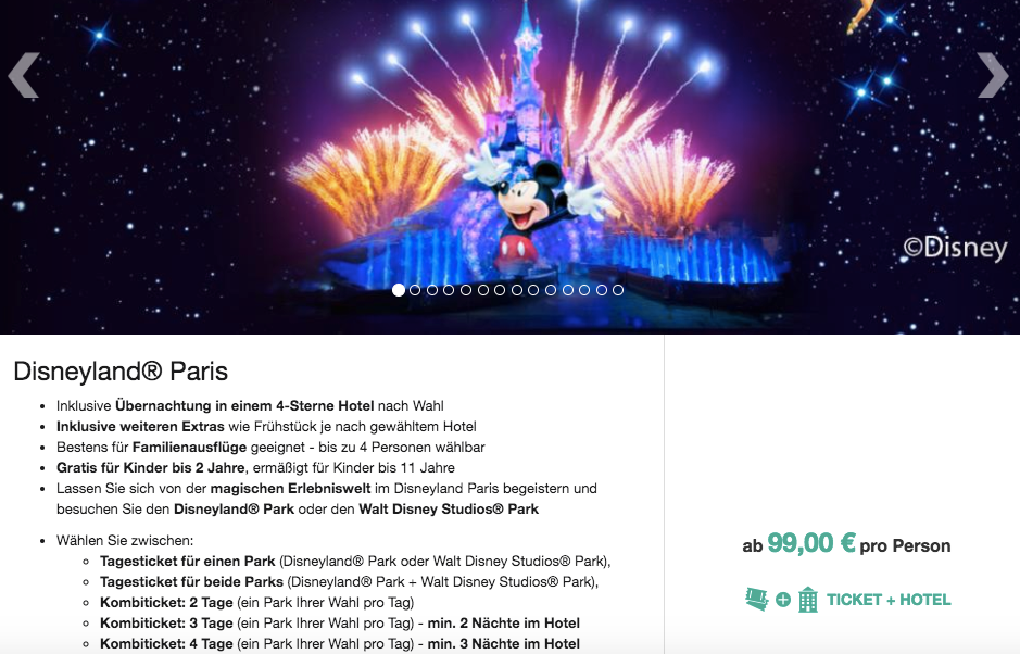 Disneyland mit Eintrittskarten + 4* Hotel & Frühstück für 99€