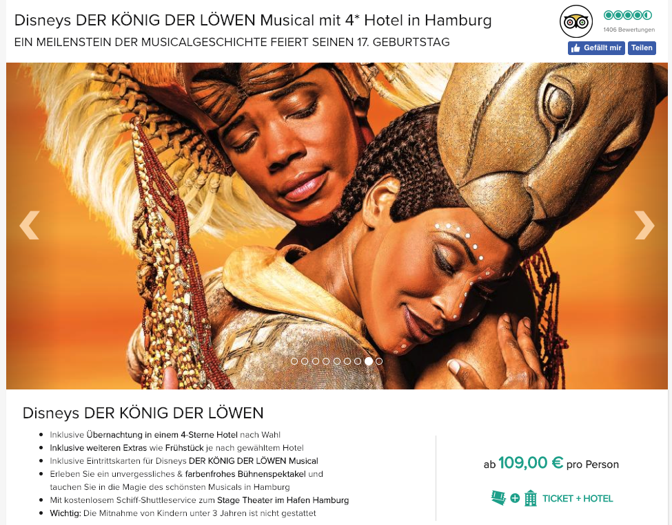 König der Löwen in Hamburg - Eintritt & 4* Hotel für 109€