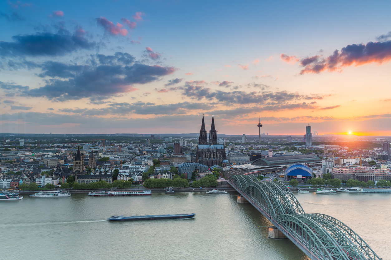 Cologne city at sunset with cathedral