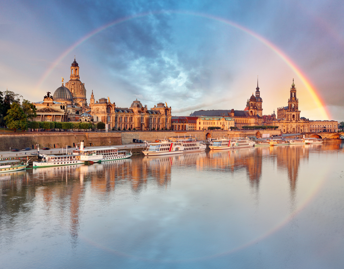 Dresden, Germany old town skyline with rainbow